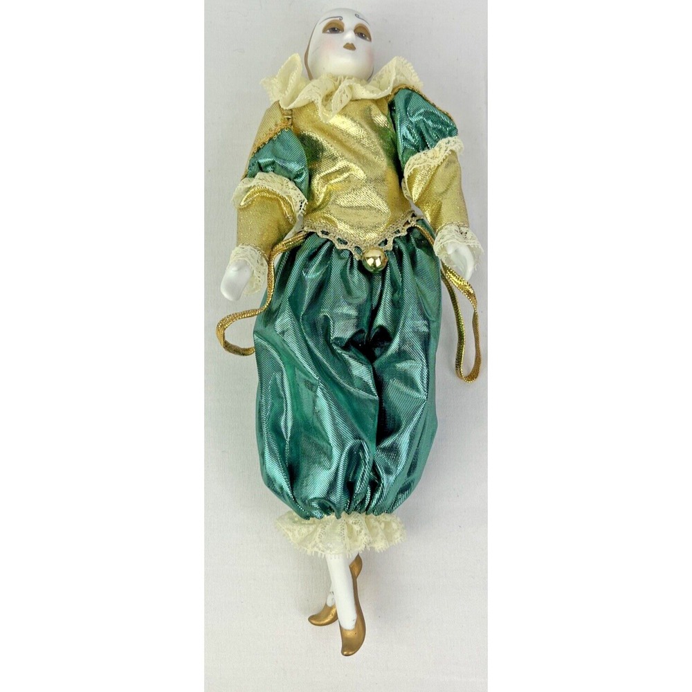 VINTAGE 10" Mardi Gras Clown Porcelain Doll Green & Gold Kingstate